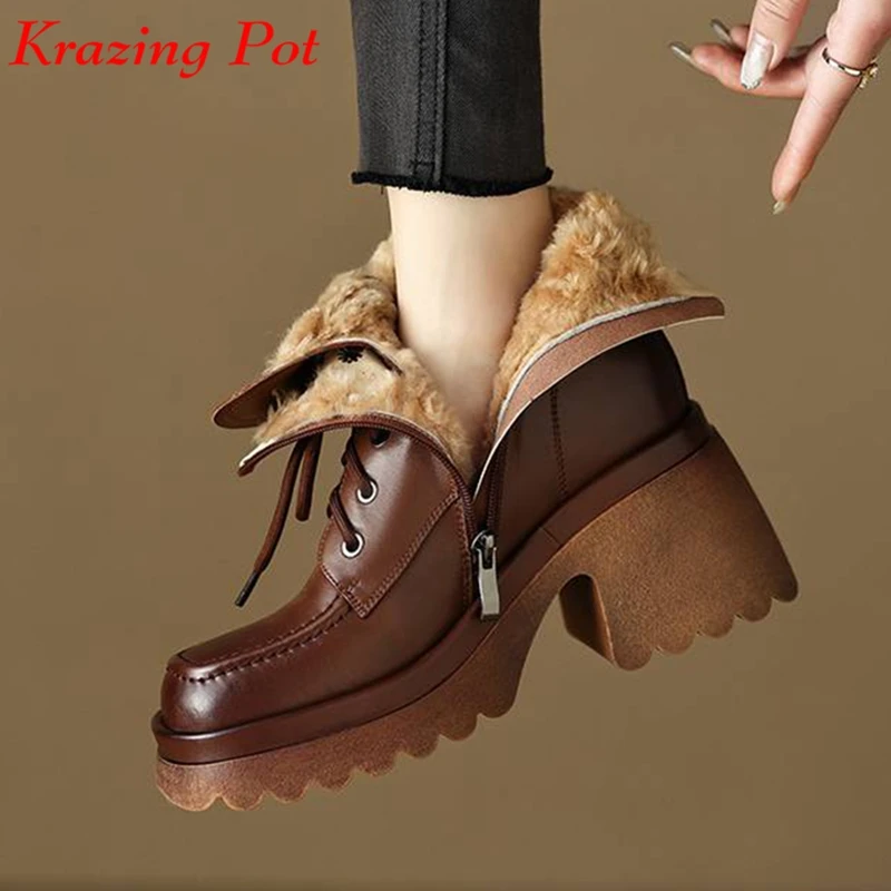 

Krazing Pot Cow Leather Wool Square Toe Platform Snow Boots Winter Keep Warm Thick Heels Fur Lace Up Preppy Style Ankle Boots