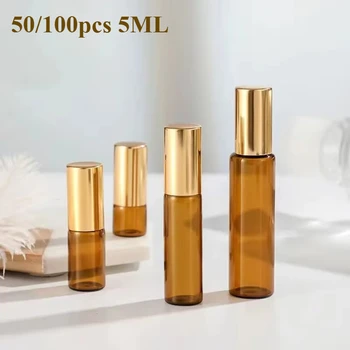 50/100 pcs 5 ML Amber Glass Roll on the Essential Oil Bottle Test Bottle with Metal Ball Roller Reusable Bottles Containers 1