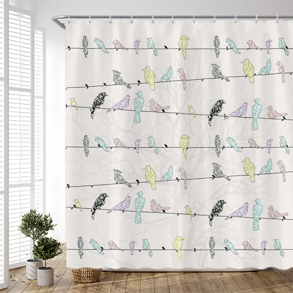 Cartoon Colorful Birds Shower Curtains Creative Design Watercolor Printing Chinese Style Cloth Bathroom Curtain Set Simple Decor shower curtains