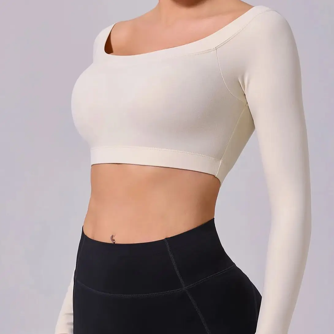 Top sportivo solido da donna T-shirt da yoga con spalle scoperte Manica lunga Allenamento da palestra Camicie da corsa Donne sexy Abbigliamento sportivo da palestra ad asciugatura rapida - immagine 5