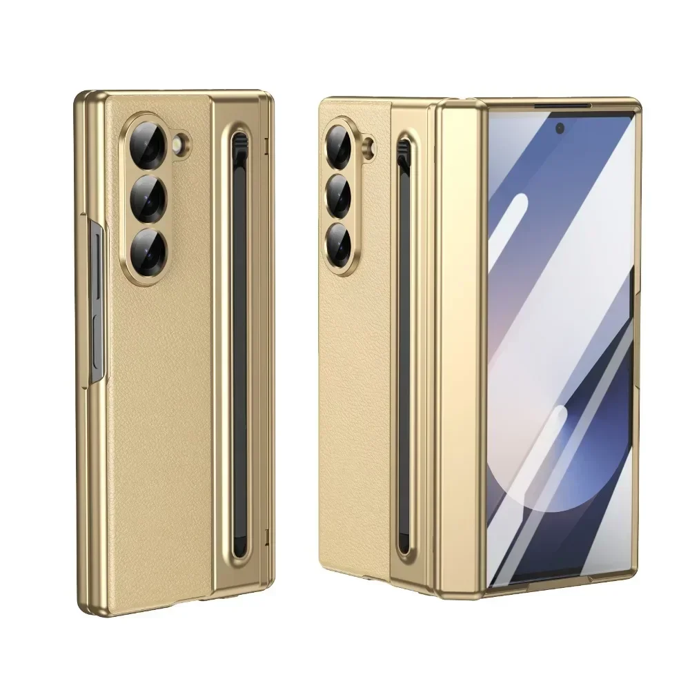 Elegant Leather & Steel Film Phone Case with Hinge Protection – Shockproof Luxury Cover