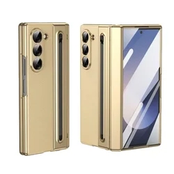 Elegant Leather & Steel Film Phone Case with Hinge Protection - Shockproof Luxury Cover - Galaxy Z Fold4 (Golden)