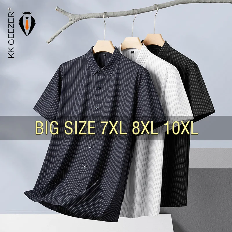 Men Shirt Striped Dress Short Sleeve Summer Oversize 6XL 7XL 8XL 10XL Plus Size Cold Thin Casual Soft Male Loose High Quality