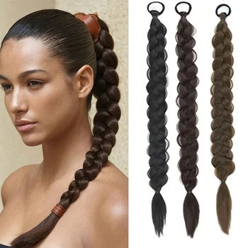24inch Braided Ponytail for Women Long Straight Braids Ponytail with Rubber Band Synthetic Wrap Around Braid Horse Tail Extensio 1