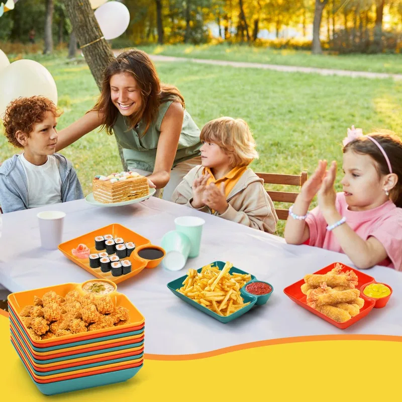 Chip Dip Serving Platter Set Plastic Dumpling Plates with Sauce Compartment Square Serving Dish Plates Small Dip Tray Appetizer