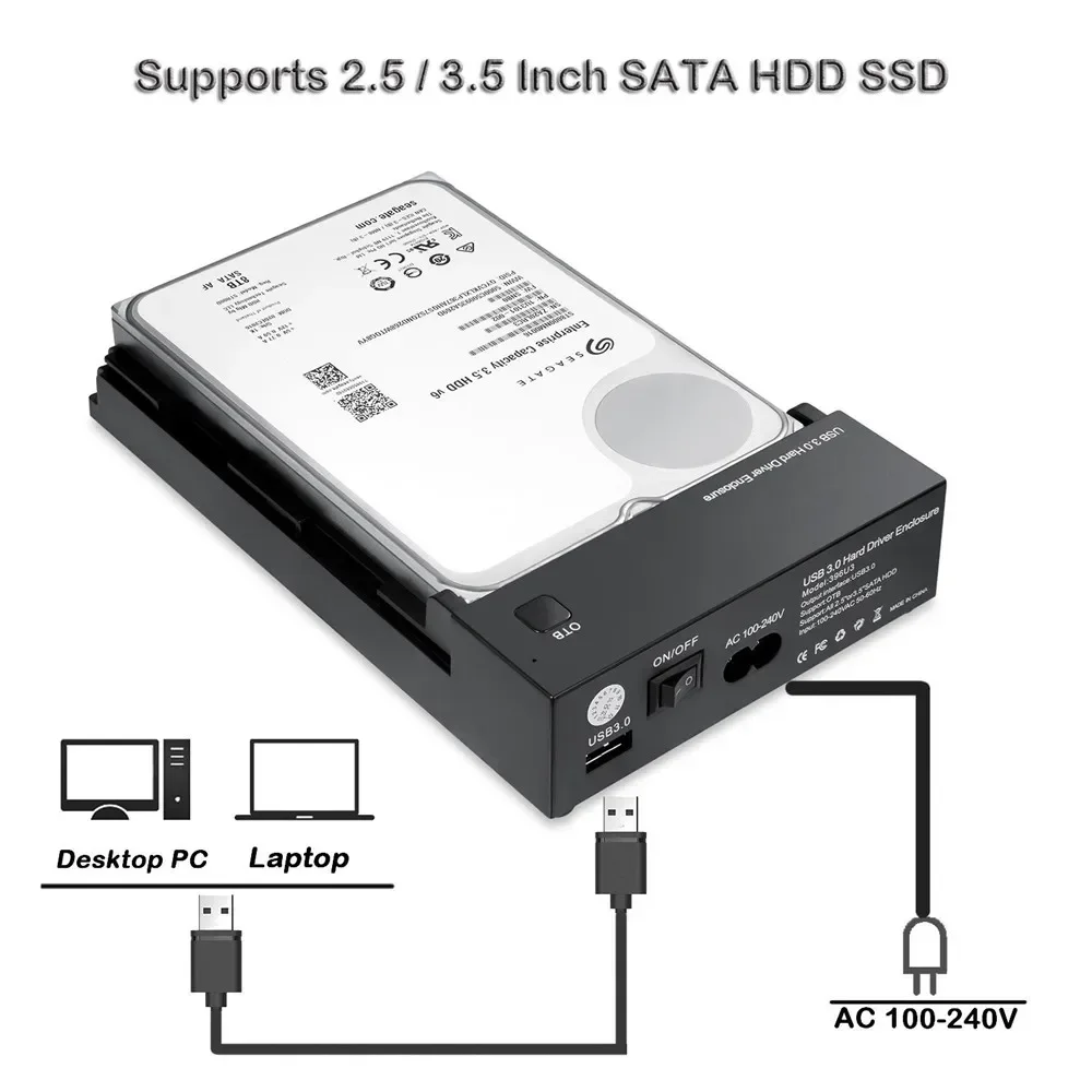 3.5 Inch USB 3.0 to SATA III External Hard Drive Enclosure Case Support Both 2.5" & 3.5" SATA HDD SSD Built-in Adapter