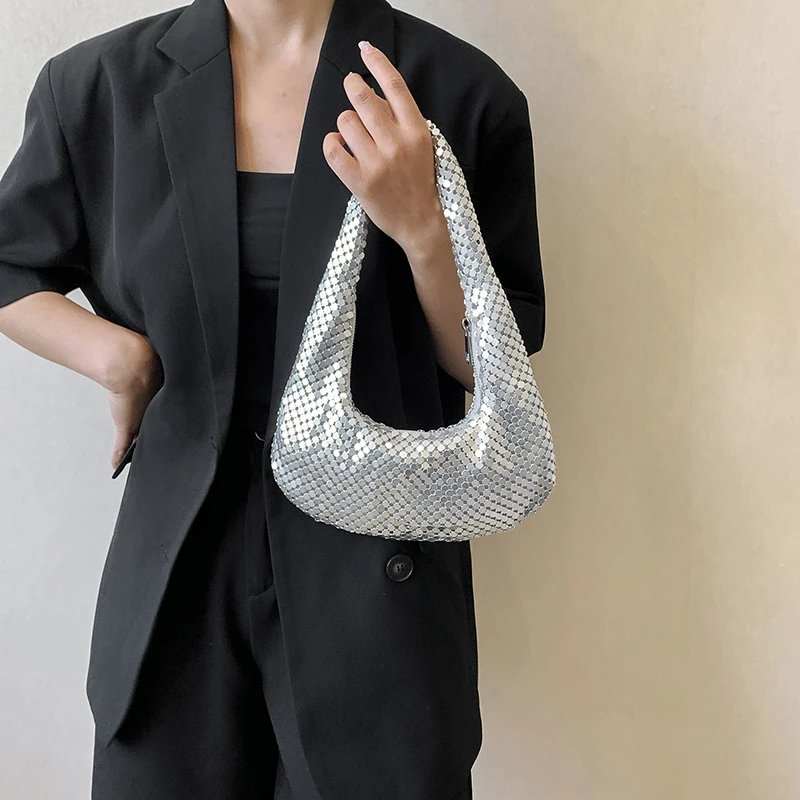 Evening Underarm Women's Shoulder Bag 2024 New Metallic Fashion Handbag Personality Sequined Splicing Luxury Party Dumpling Bag