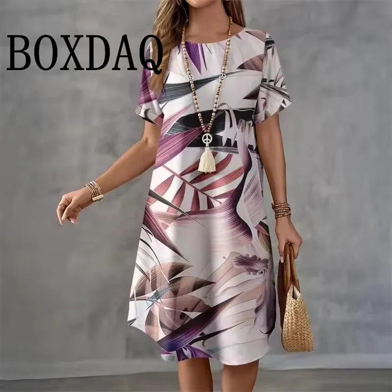 Summer Holiday Hawaiian Dress For Women 2025 New Ladies O-Neck Short Sleeve Loose Dress Casual Coconut Tree Print Beach Dresses
