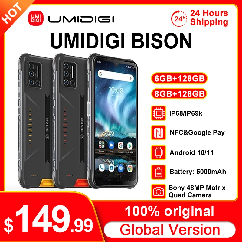 UMIDIGI BISON Smartphone 6/8GB + 128GB NFC IP68/IP69K wodoodporny wytrzymały telefon 48MP Quad kamery 6.3 "wyświetlacz FHD + Android 10/11