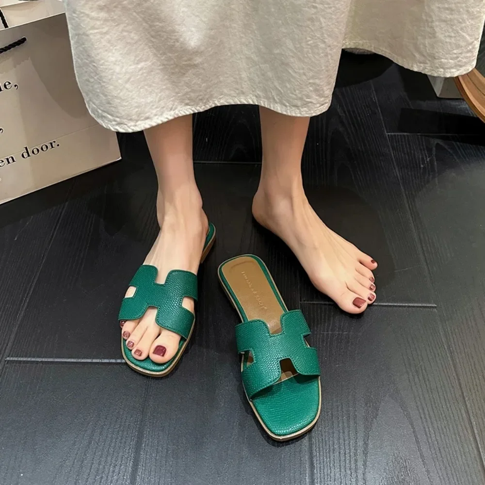 Womens Slippers Fashion Flat Solid Color Women's Flip Flops 2024 Summer New Elegant Leather Beach Dress Zapatos De Mujer Zapatos