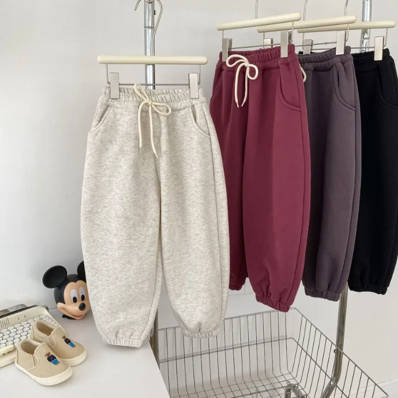 

W2023 Winter Kids solid color thicken warm sweatpants Boys and girls Fleece Lining loose trousers