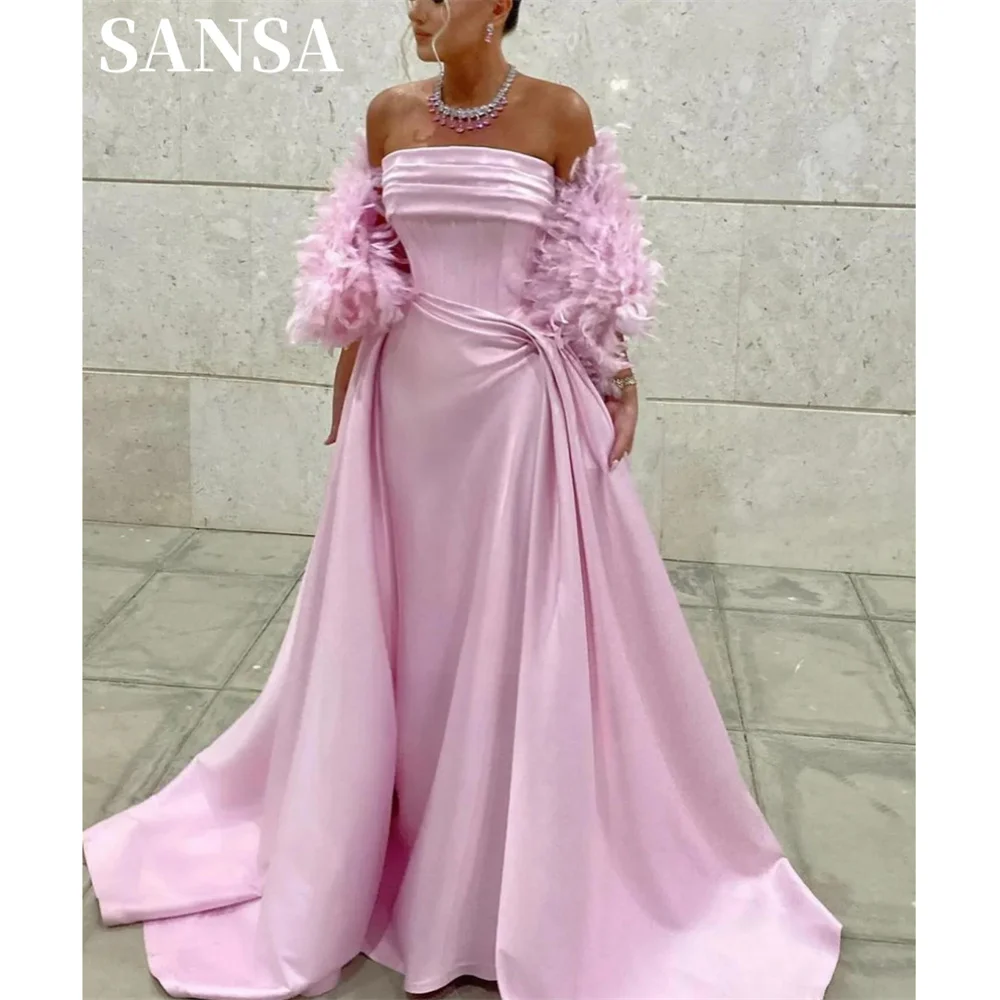 

Sansa Baby Pink Prom Dresses Feathered Shawl Sexy Strapless Mermaid Vestidos De Fiesta Fishtail Satin Formal Evening With Train