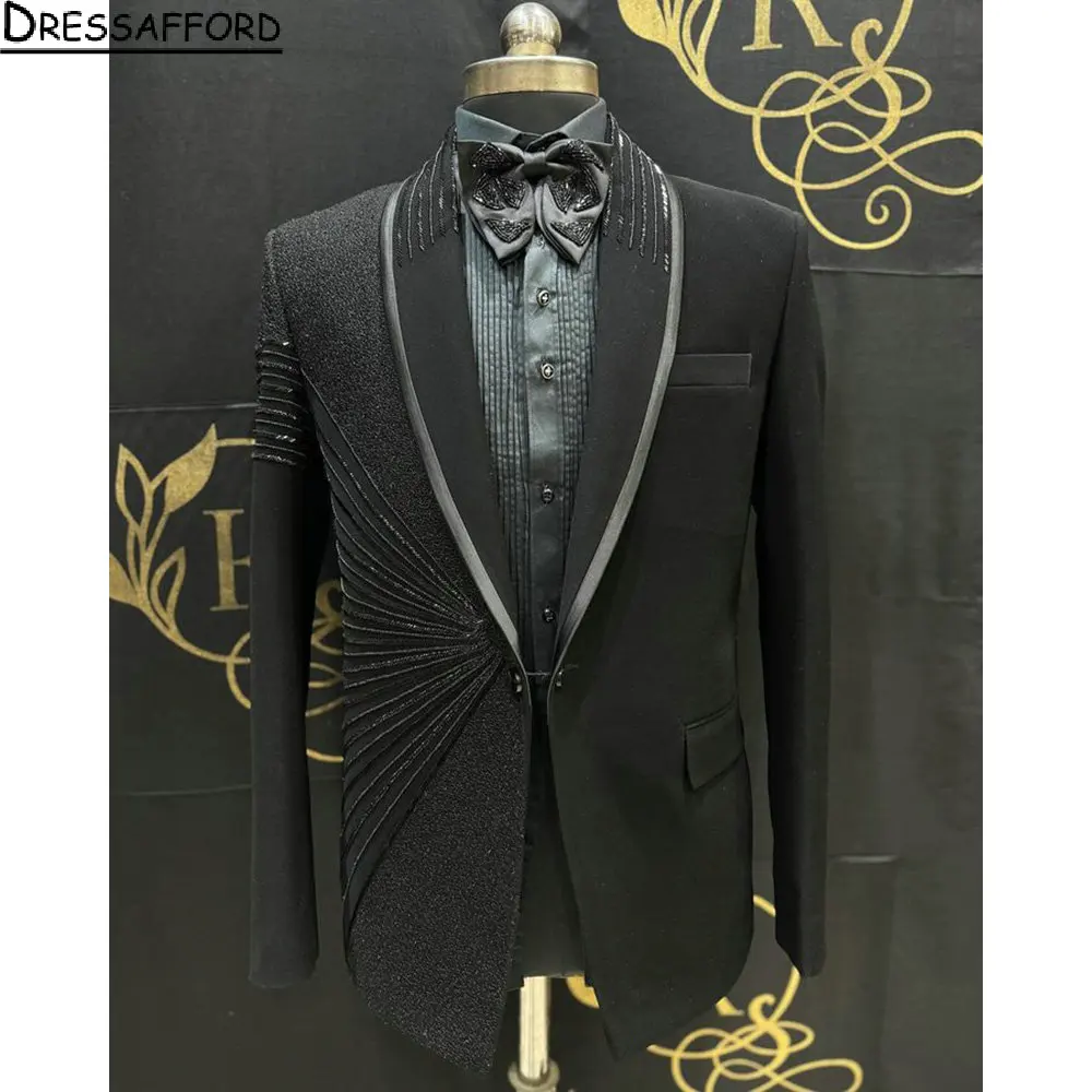

Black Luxury Men Suits Beading Crystal Groom Wedding Tuxedos 2 Pieces Sets Dinner Prom Blazers Terno Masculino Completo