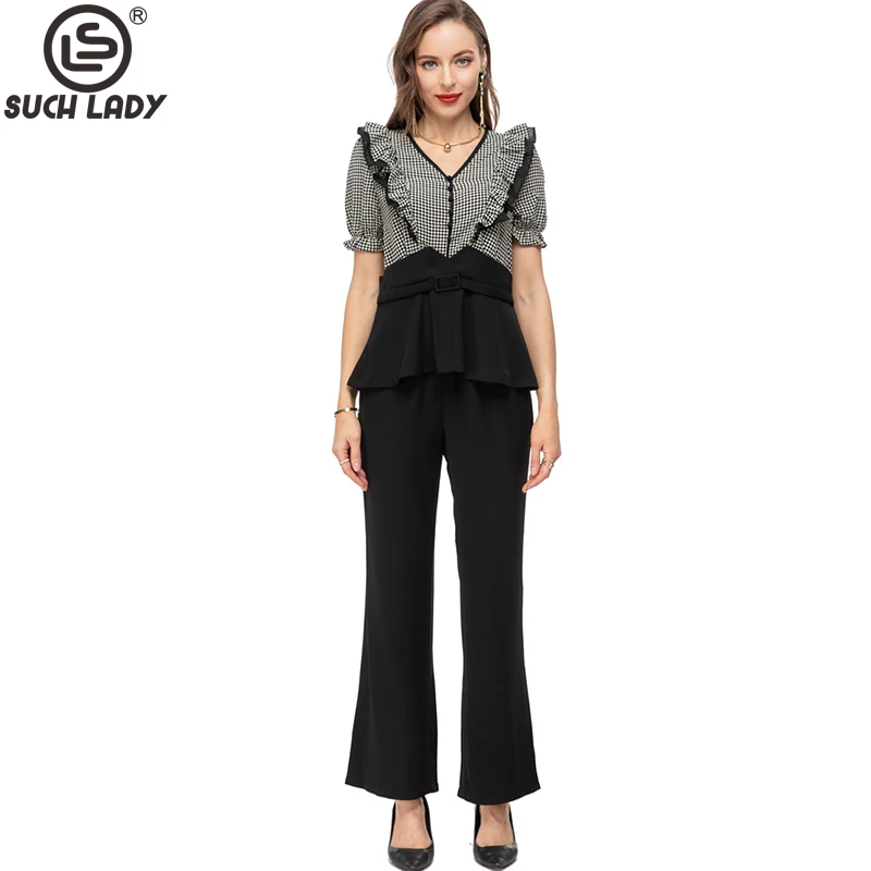 

Women's Runway Two Piece Pants V Neck Short Sleeves Peplum Printed Blouse with Pant Twinsets Sets