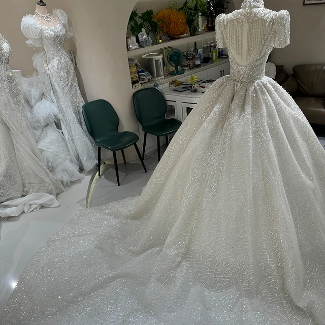 Jancember New Exquisite High Neck Wedding Dresses Sparkly Beads Sequins Bride Gowns Long Sleeves Robe Vestido De Novia DW002 2