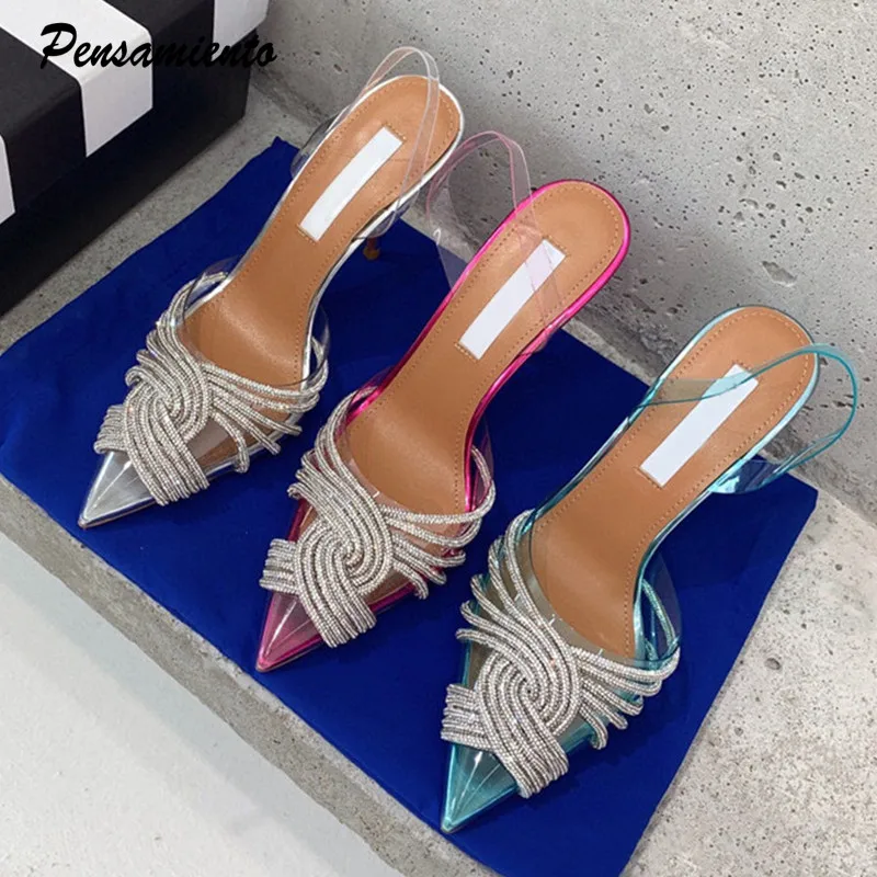 Women Slingback High Heels Shoes 10cm Thin Sandals Transparent PVC Rhinestone Gladiator for Summer Party Prom women slingback sandals women high heels shoes