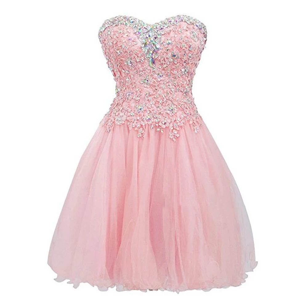 

Short Sweetheart Homecoming Dresses Junior Lace Appliques Crystal Sequined Prom Dress Pink Graduation Birthday Party Gowns