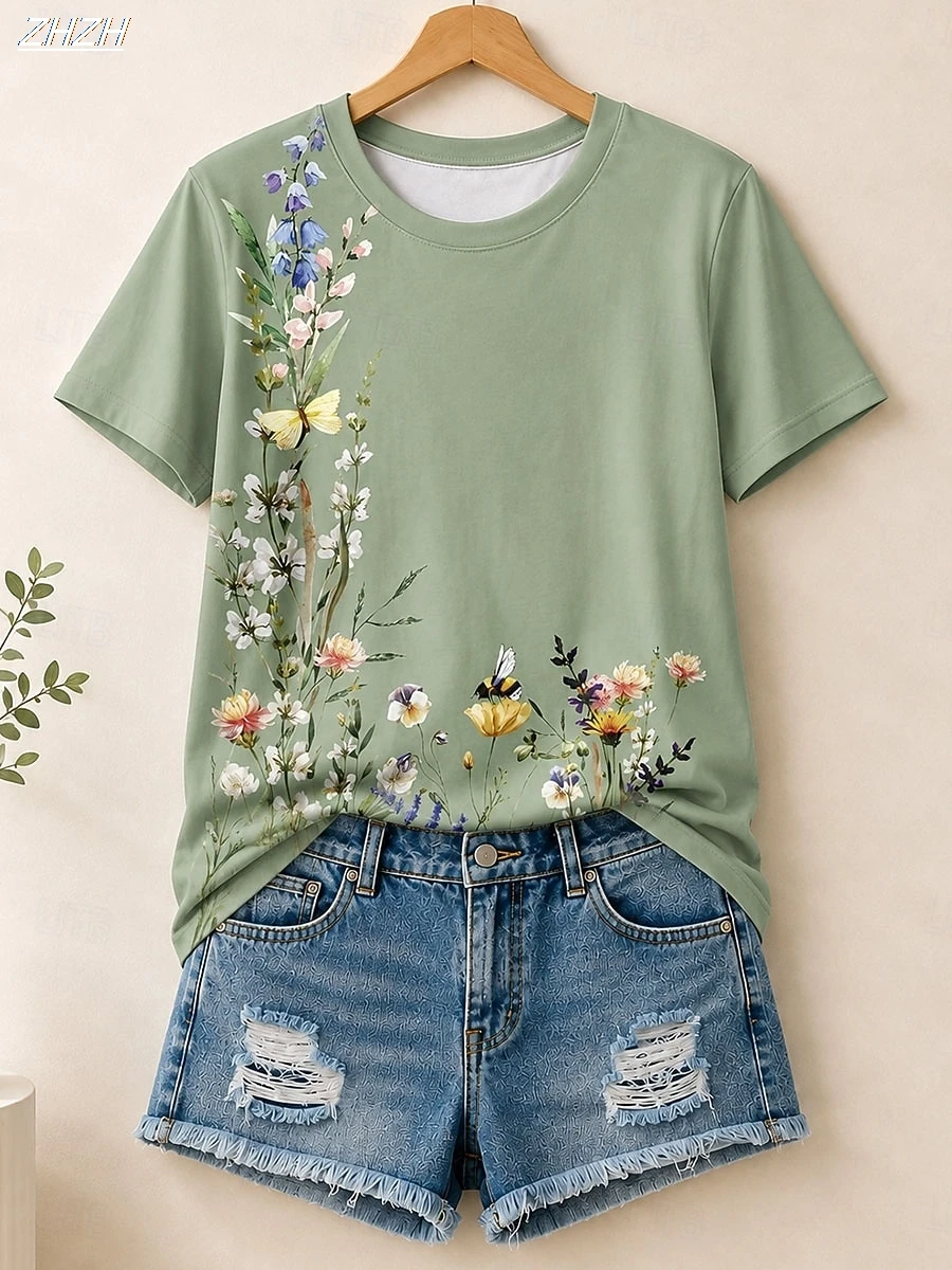 Damen-Sommer-Tops mit Blumenmuster, elegant, vintage, stilvoll, kurzärmelig, Rundhalsausschnitt, normale Passform, lässig