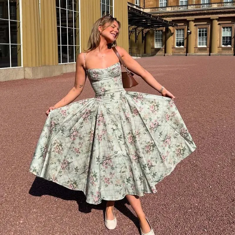 YENKYE Green Floral Print Sexy Spaghetti Straps Dress Women Low Waist A-line Midi Holiday Summer Dresses Party Robe 2025 Vestido 1