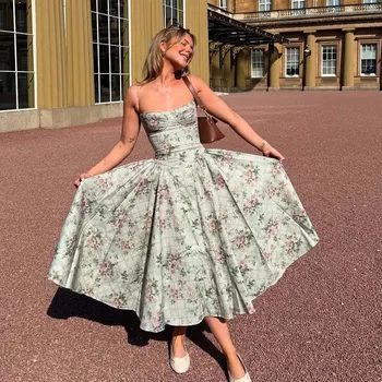 YENKYE Green Floral Print Sexy Spaghetti Straps Dress Women Low Waist A-line Midi Holiday Summer Dresses Party Robe 2025 Vestido 1