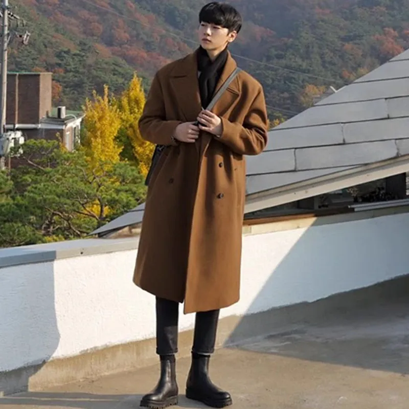 한국 루즈 캐주얼 더블 브레스트 재킷, 중간 길이 코트, 남성 패션 모직 트렌치 코트, 2024 용수철