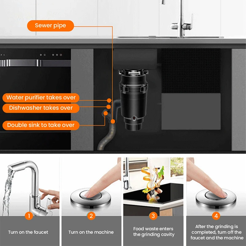 Kitchen Food Waste Shredder 370W 3-Stage Grinding Food Waste Disposer Air Switch Connect The Dishwasher Electric Food Crusher 4