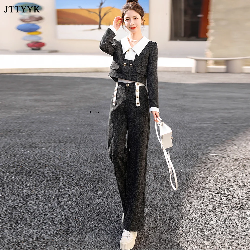 

Women Casual Elegant Business Trousers Suit Office Ladies Slim Crop Blazer Coat Pantsuit Female Korean Clothes Two Pieces Sets