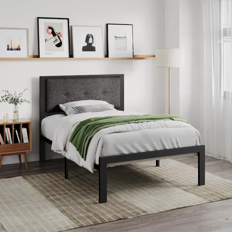 Twin Size Platform Bed Frame with Upholstered Headboard, Metal Slats Support, Button Tufted Square Stitched Headboard 3