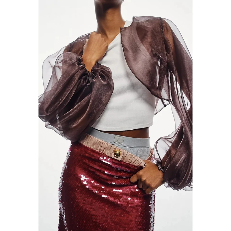 Women's Sheer Mesh Y2k Shrug Organza See Through Bolero Cardigan Crop Puff Long Sleeve Open Front Shawl Cape Shoulder Cover-ups 6