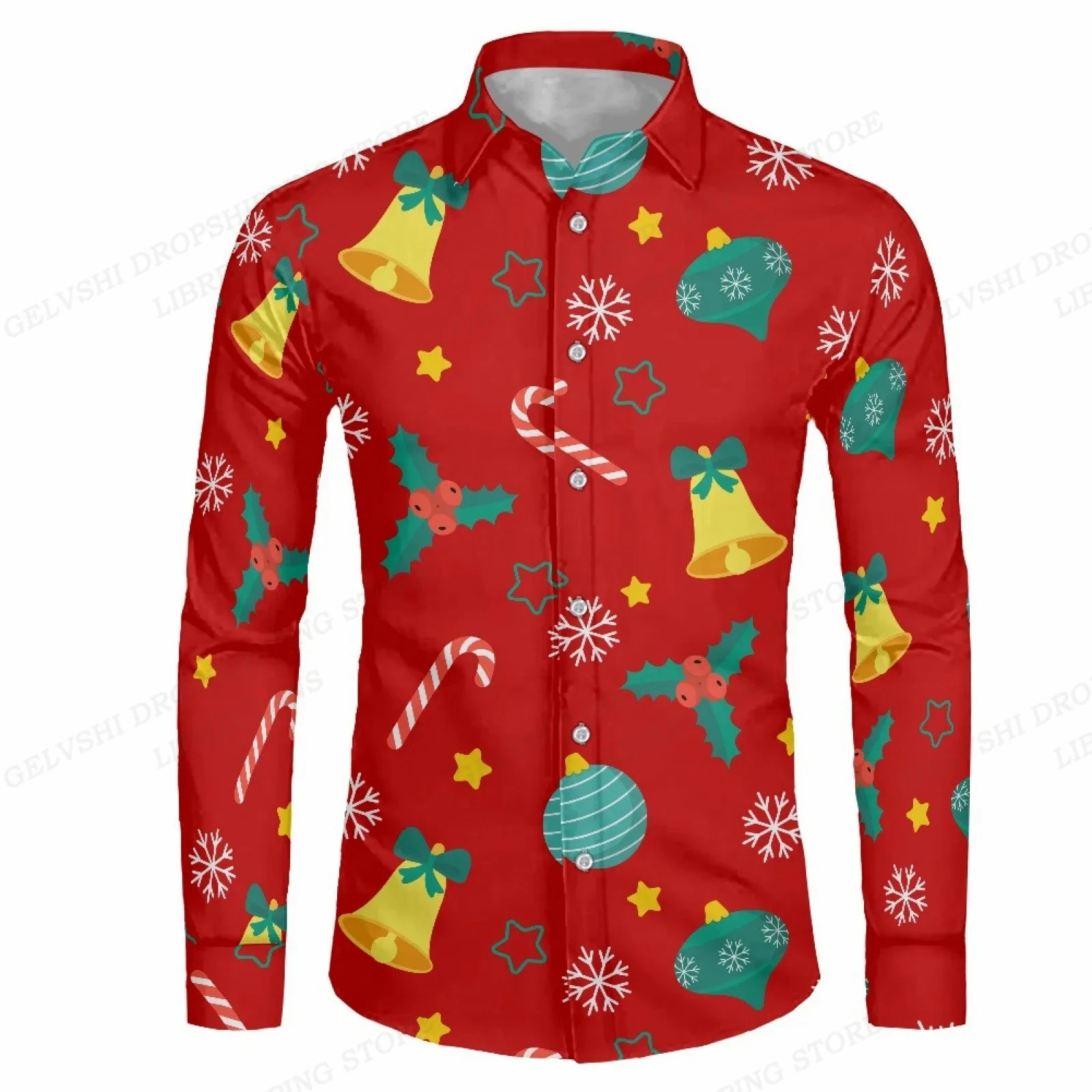 Snowflake Hawaiian Red Shirts Men New Year Fashion Christmas Long Sleeve Fishing Beach Blouse Single Breasted Camisas Beachwear