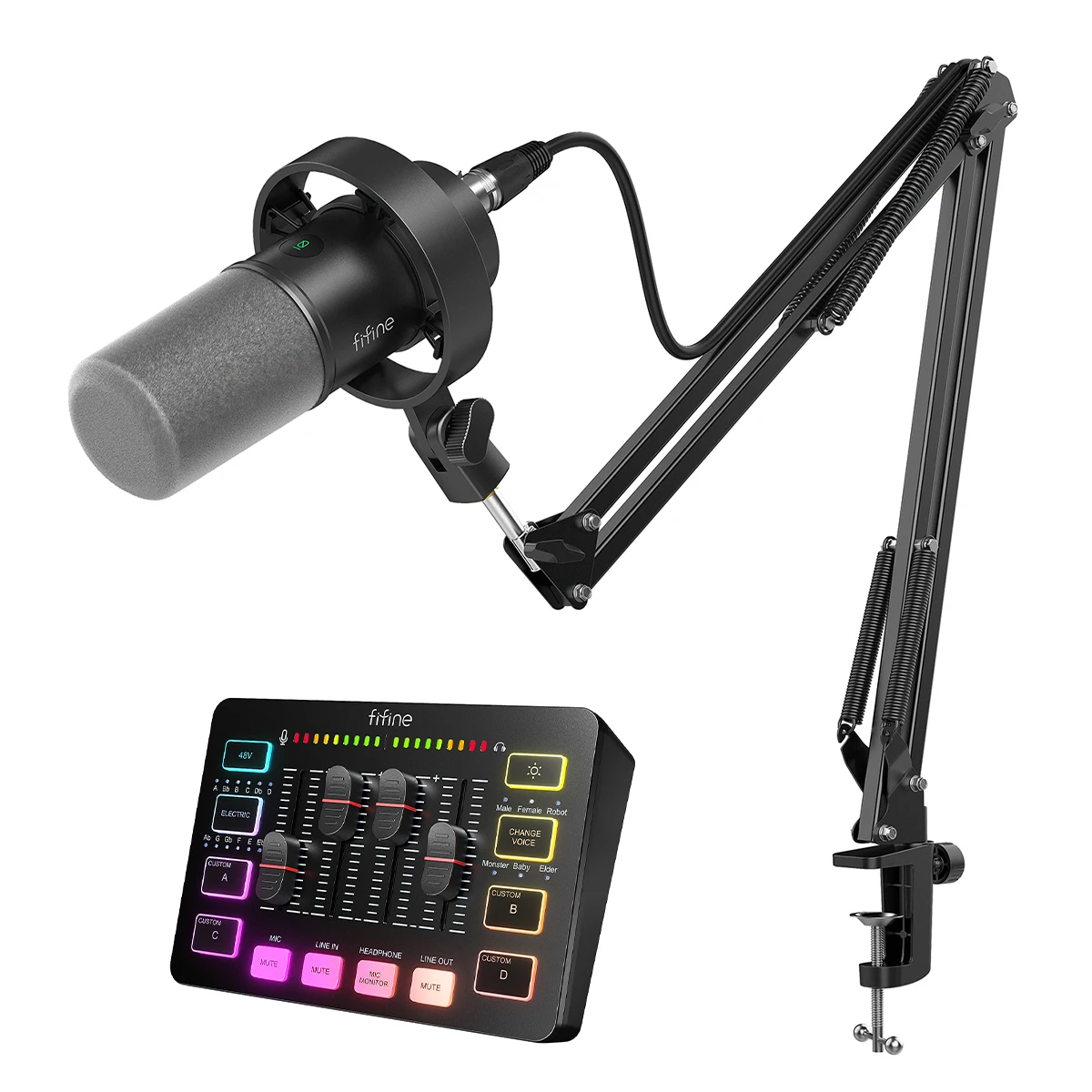 خلاط صوت FIFINE SC3 ذو 4 قنوات RGB مع حزمة ميكروفو...