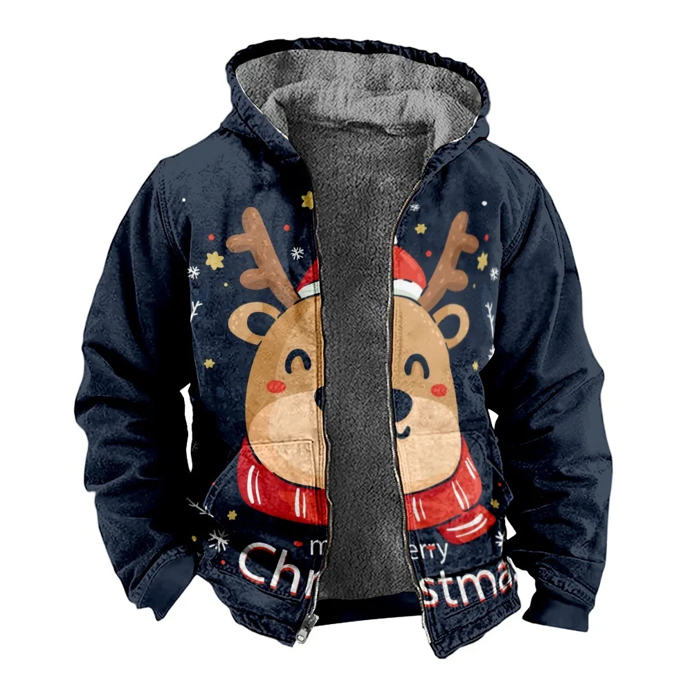 New Christmas Cotton Coat Hooded Sweater Casual Print Long Sleeve Zipper Sweater Thick Cotton Coat Winter a08