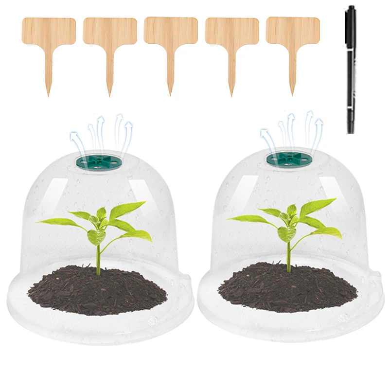 5-Greenhouse-Garden-Plant-Sprout-Guards-for-Frost-Protection-Plus-10-Gardening-Wood-Labels-and-1.jpg 5 Üvegházhatású Kerti Növényi Csírák A Fagyvédelemhez, Plusz 10 Kertészeti Fa Címkék És 1 Marker Toll Újra Felhasználhatók - Image 3