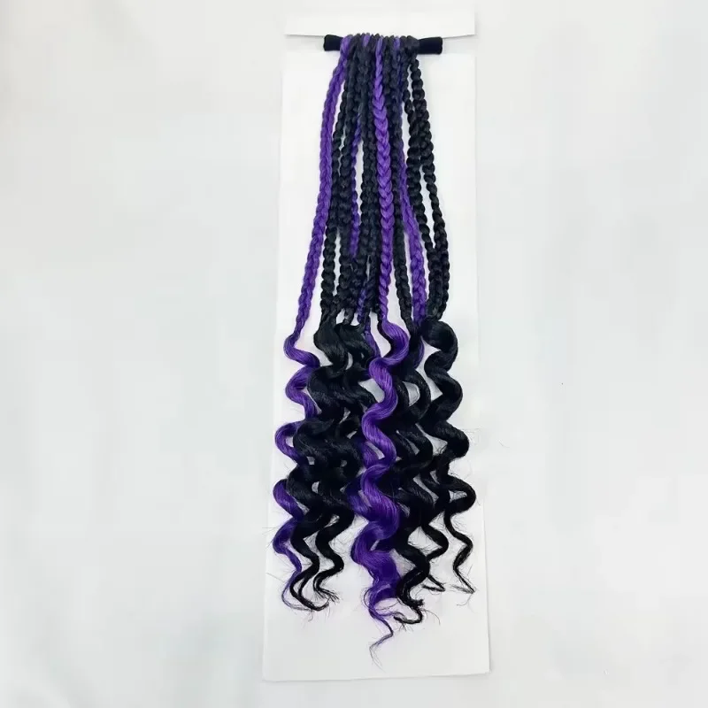 New arrival kids knotless braids with butterfly clips and furry hair ball highlight purple color 14inch box braids curly ends