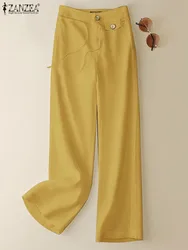 ZANZEA Vintage Summer Solid Long Pants Elegant Loose Cotton Trousers Women High Waist Wide Leg Pantalon Casual Work Palazzo 2023