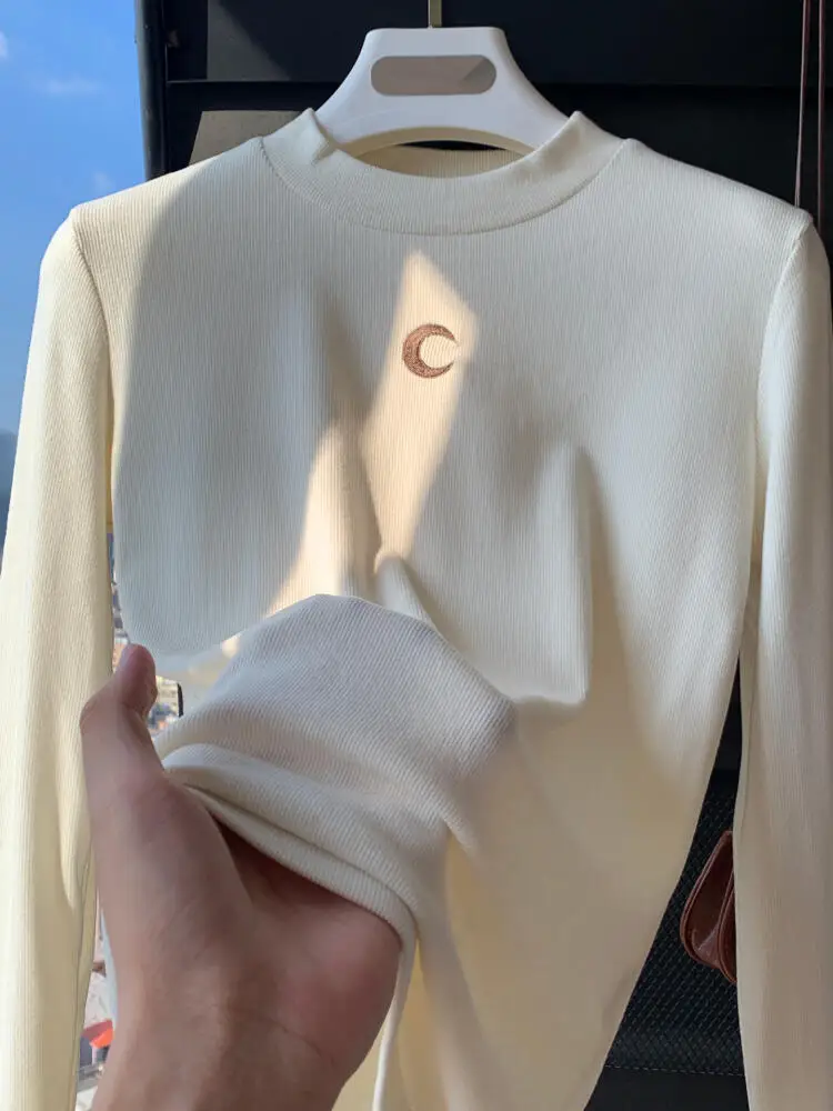 Casual Base Top Women Long Sleeve Tshirt Semi High Neck Moon Embroidery Korean Fashion Solid Color Versatile Spring New