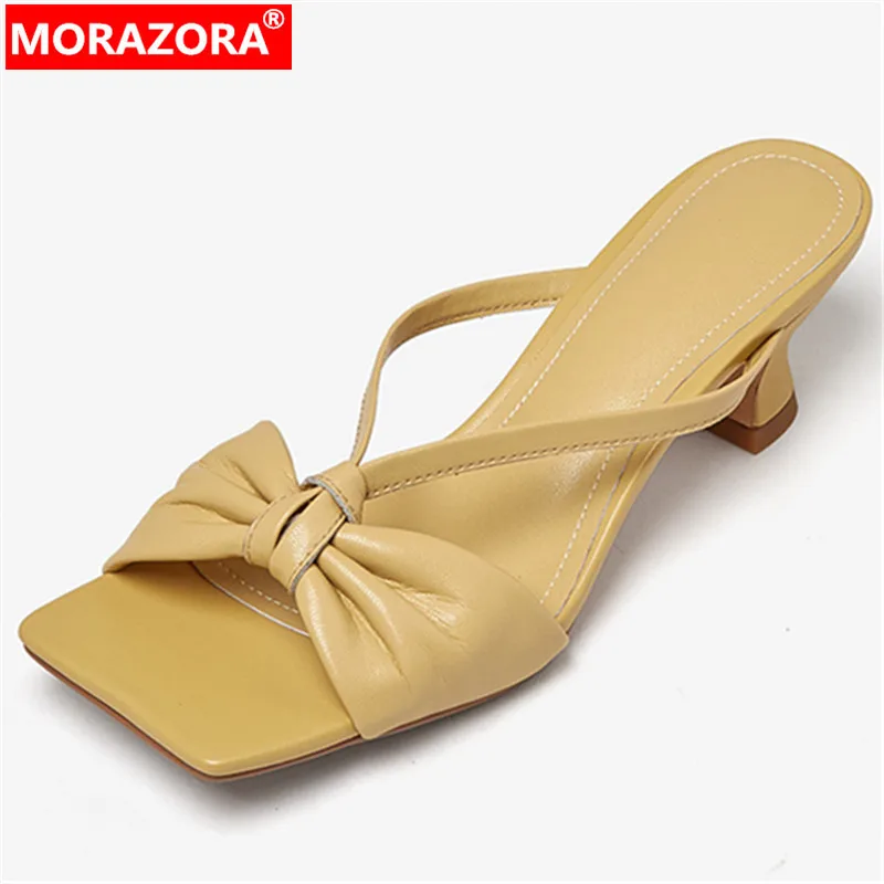 

MORAZORA 2022 New Genuine Leather Sandals Women Butterfly Knot Med Heels Shoes Shallow Ladies Solid Dress Shoes
