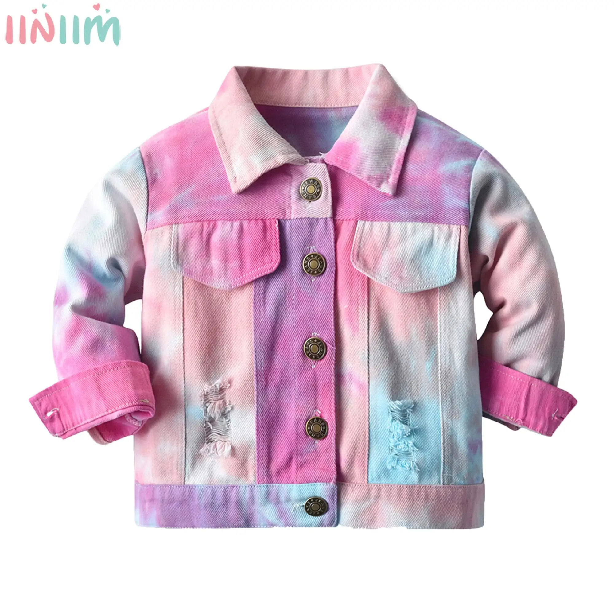 

Baby Boys Girls Tie-dye Jacket Children Long Sleeve Turndown Collar Ripped Fashion Casual Denim Outerwear Autumn Warmer Coat Top