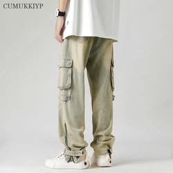 CUMUKKIYP Men's Loose Vintage Denim Cargo Pants Streetwear Multiple Pockets Side Zipper Split Straight Baggy Jeans Hombre