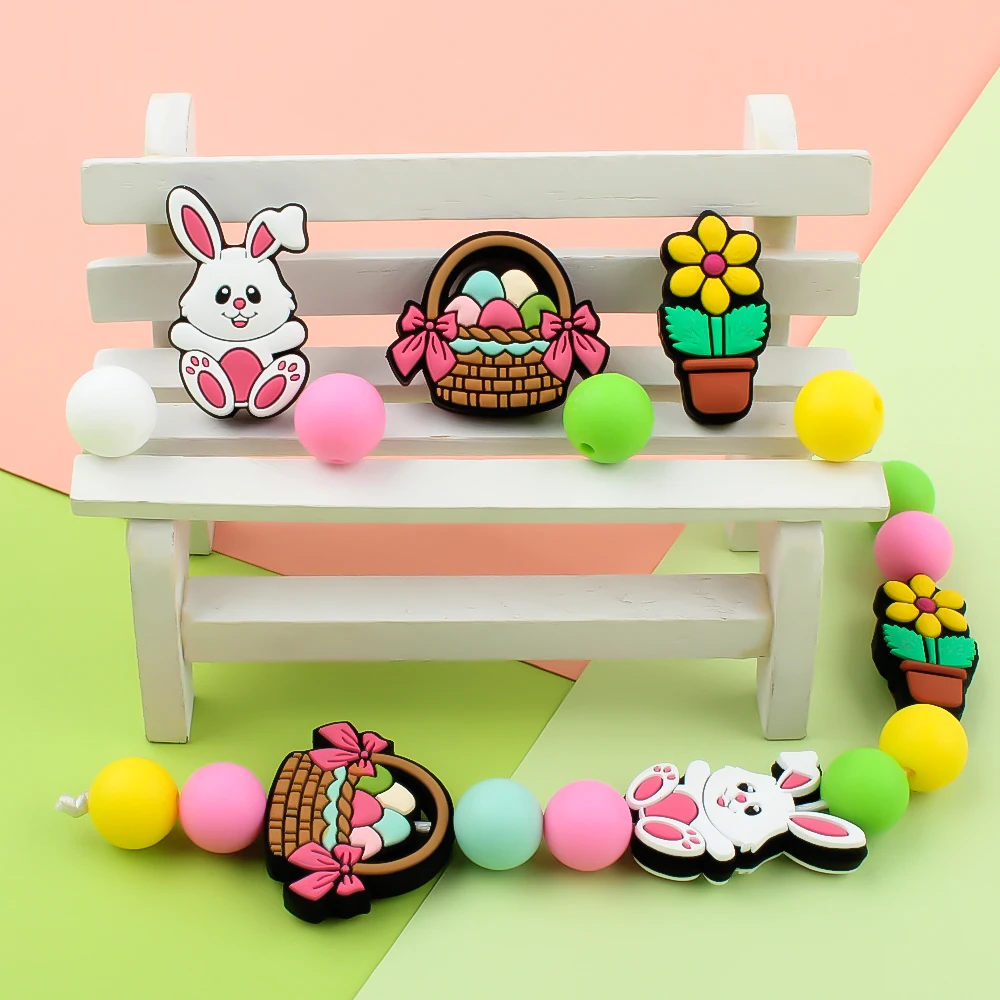 실리콘 초점 구슬 토끼 꽃 바구니, 실리콘 젖니 구슬, DIY 팔찌 쥬얼리 젖꼭지 체인 키체인 액세서리, 10 개
