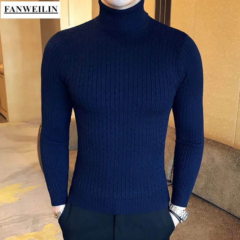 Casual Men Winter High Solid Color Sweater Turtleneck Brand Mens White Sweaters Slim Knitted Fit Pullover Twist Striped Knitwear 5