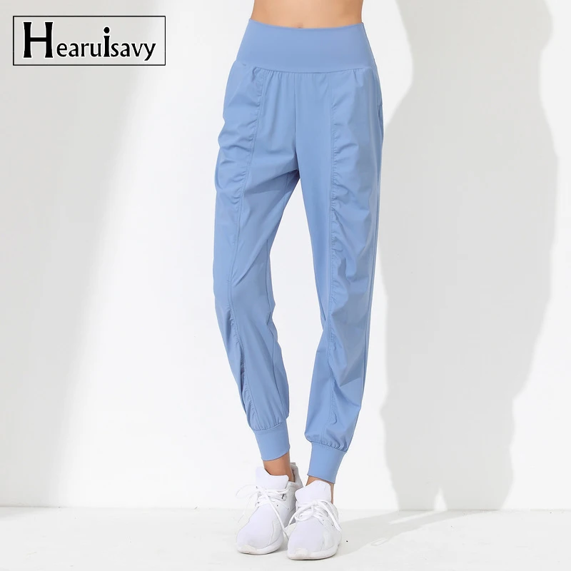 Hearuisavy Yoga Pants Loose Slim Quick-Dry Yoga Pants Pleated Hem Bound Running Fitness Capris Pockets Jogging Pants Woman