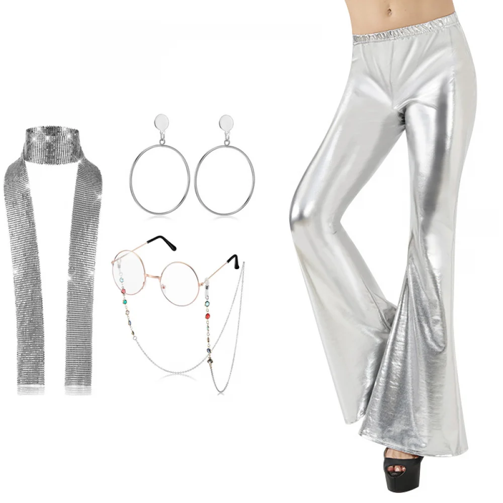 thumbnail image 1 of Pantalones anchos estilo discoteca de los años 70, 4 piezas, metalizados, dorados, con joyas estilo discoteca, para mujer, estilo hippie, discoteca de los años 70, pantalones acampanados para fiesta d, 1 of 4