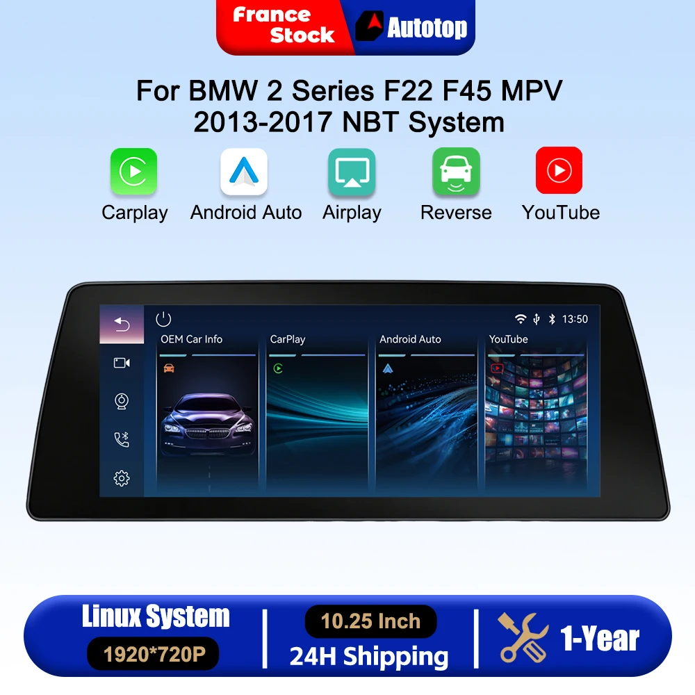 Radio de coche inalámbrico CarPlay Android Auto de 10,25 pulgadas para BMW Serie 2 F22 F45 MPV 2013-2017 Sistema NBT Reproductor de vídeo multimedia Pantalla táctil Linux con YouTube en línea Airplay Autolink Mirror Link WiFi Bluetooth GPS Navi 1