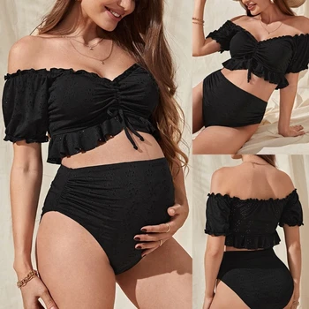 High Waist Maternity Swimsuit Feature Short Sleeves for Comfortable Support During Pregnancy and Swimming Activity A2UB