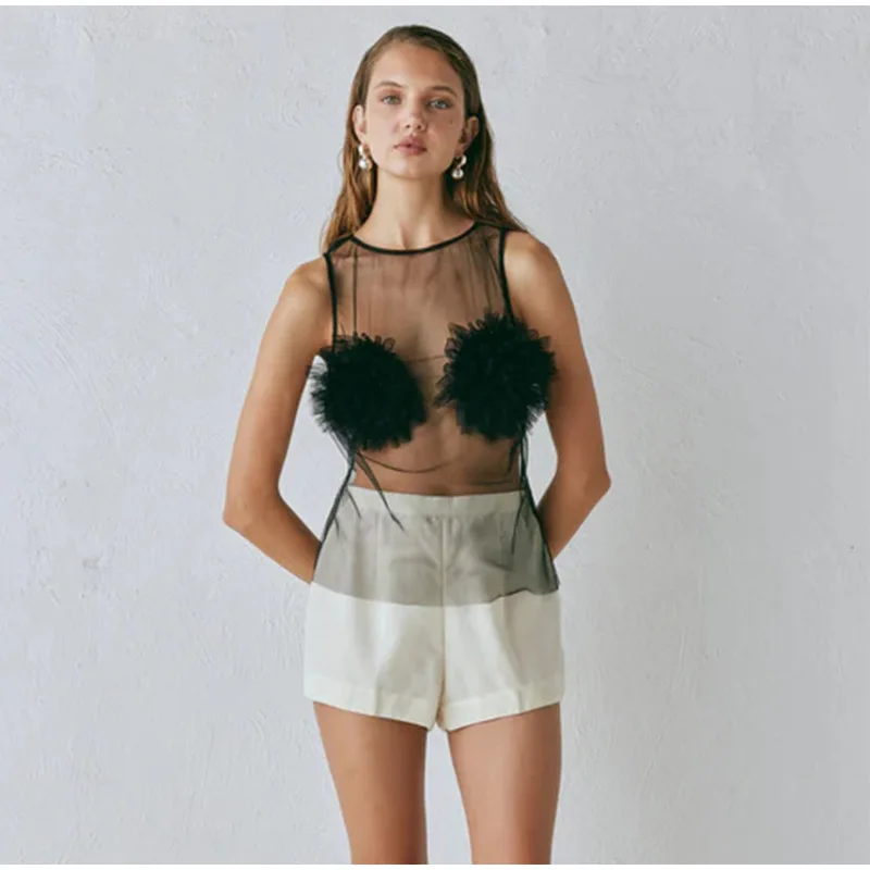 Sexy Mesh Hollow Out Vests Women Vintage 3D Flowers Sleeveless Solid Smock Vest Top Female Spring Elegant Chic Street Tops