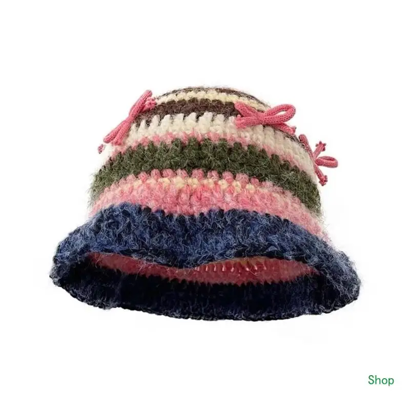 

Прямая поставка, шляпа-ведро с розовыми бантами, вязаная шапка-бини Y2K, полосатая вечерние, праздничная, зимняя теплая шапка,