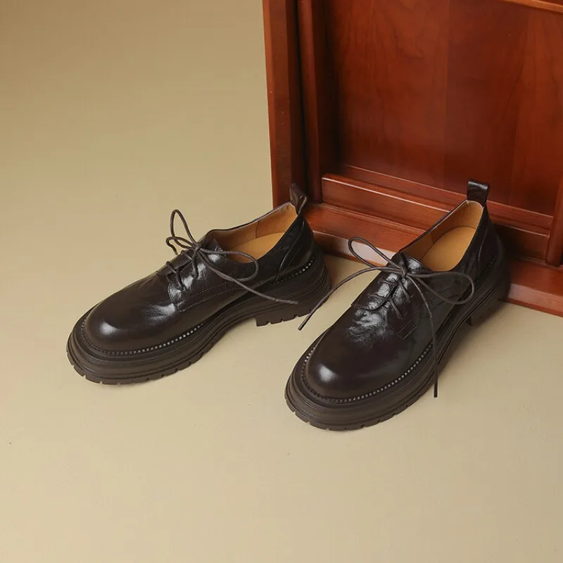 Top layer sheepskin single shoes for women's versatile spring and autumn with lace up small leather shoes and thick soled shoes