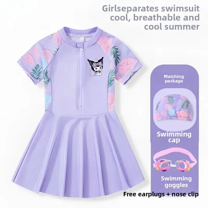 A9808 purple swimsuit + swimming cap + goggles