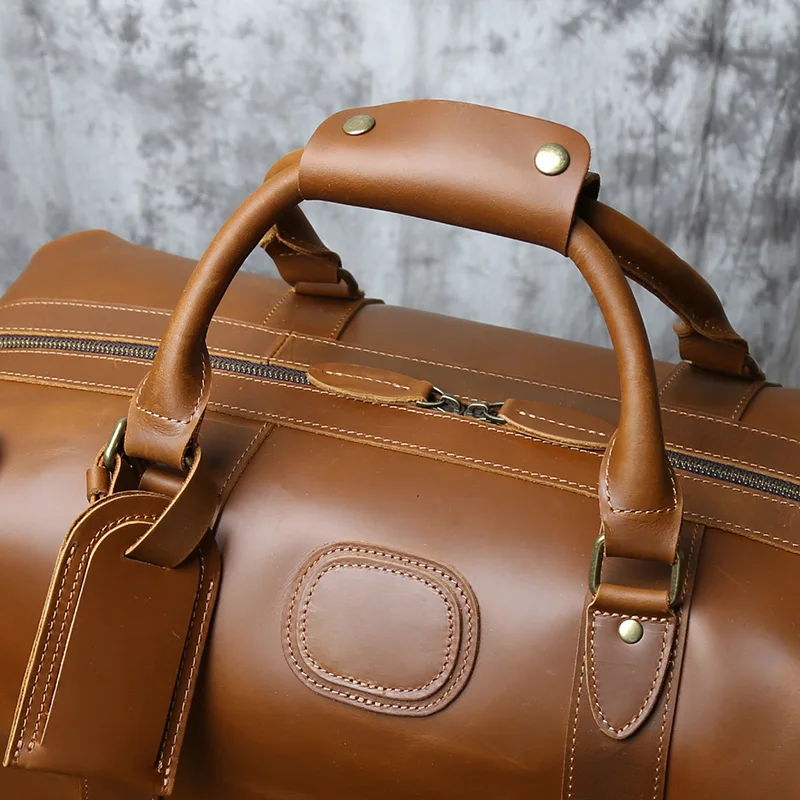 NZPJ Vintage Genuine Leather Men's Travel Bag, Large Capacity Luggage Bag, Crazy Horse Leather Handbag, Natural Cowhide Crossbod